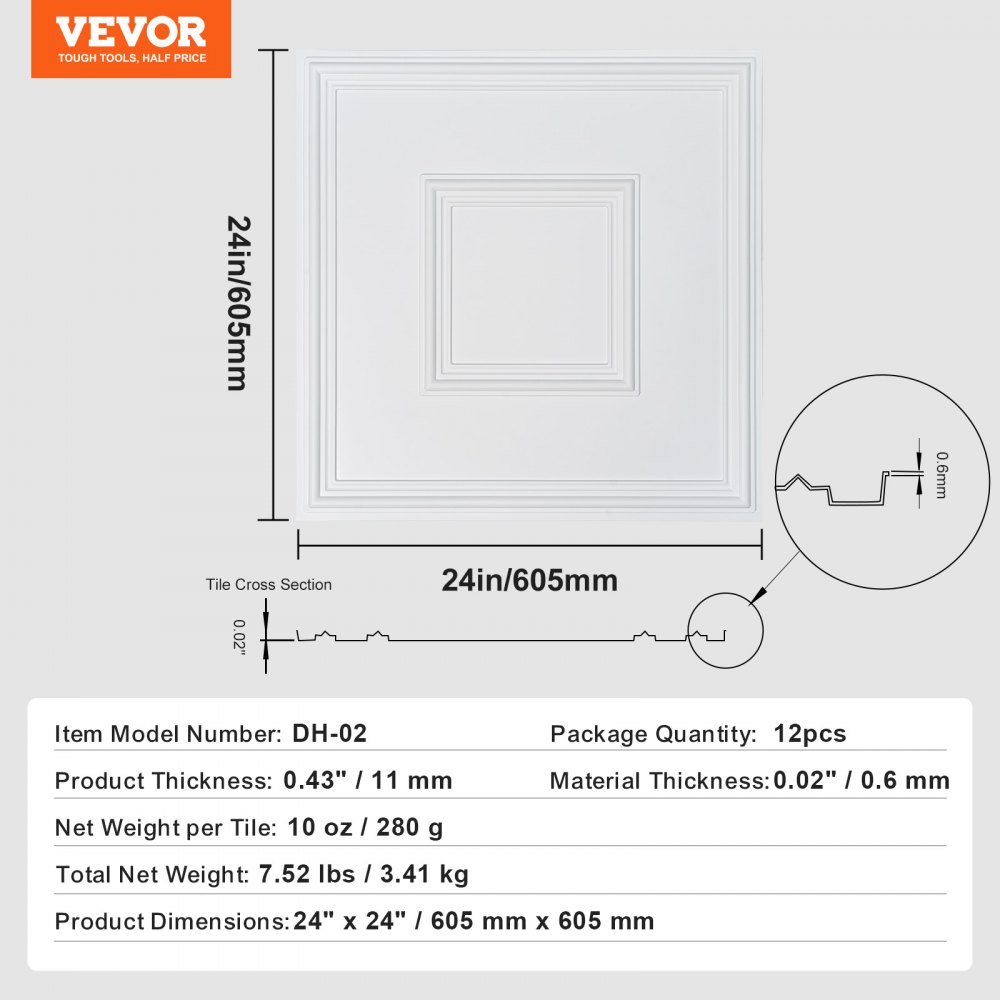 VEVOR Ceiling Tiles, 12-Pack 24 x 24 in, Drop Ceiling Tiles Premium PVC Sheet, Easy Installation/ Cutting Plastic Glue-up Ceiling Tile, Ceiling Covering for Home/Office Decoration, White Geometric
