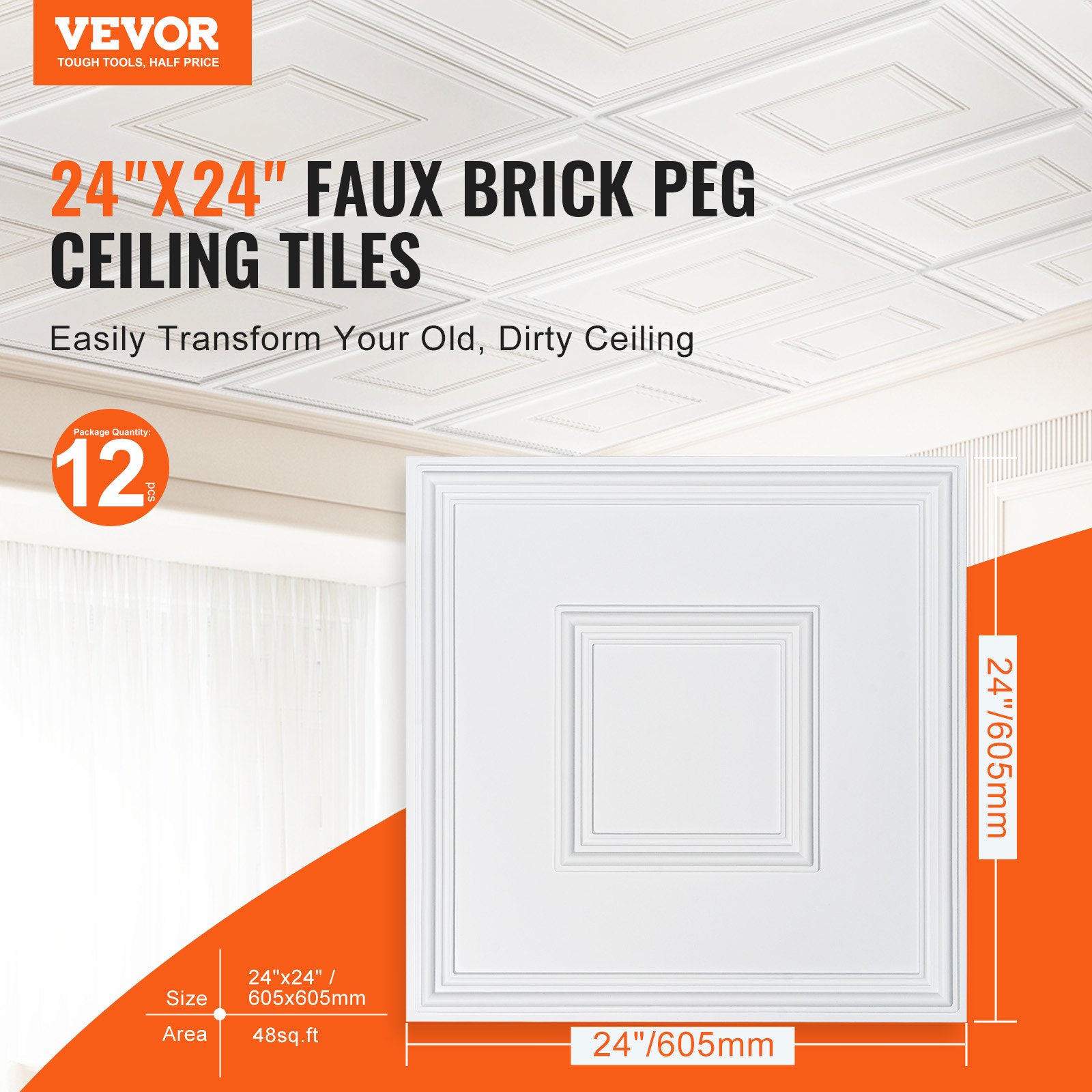 VEVOR Ceiling Tiles, 12-Pack 24 x 24 in, Drop Ceiling Tiles Premium PVC Sheet, Easy Installation/ Cutting Plastic Glue-up Ceiling Tile, Ceiling Covering for Home/Office Decoration, White Geometric