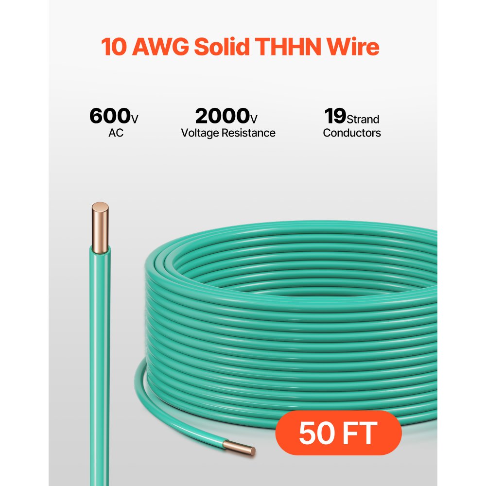 VEVOR 10 AWG Solid THHN Wire, 100% OFC Copper Electrical Building Wire with Nylon Jacket PVC Insulation, Rated for Up to 600 Volts, Heavy-Duty for Residential, Industrial, Commercial, Green (50 Feet)