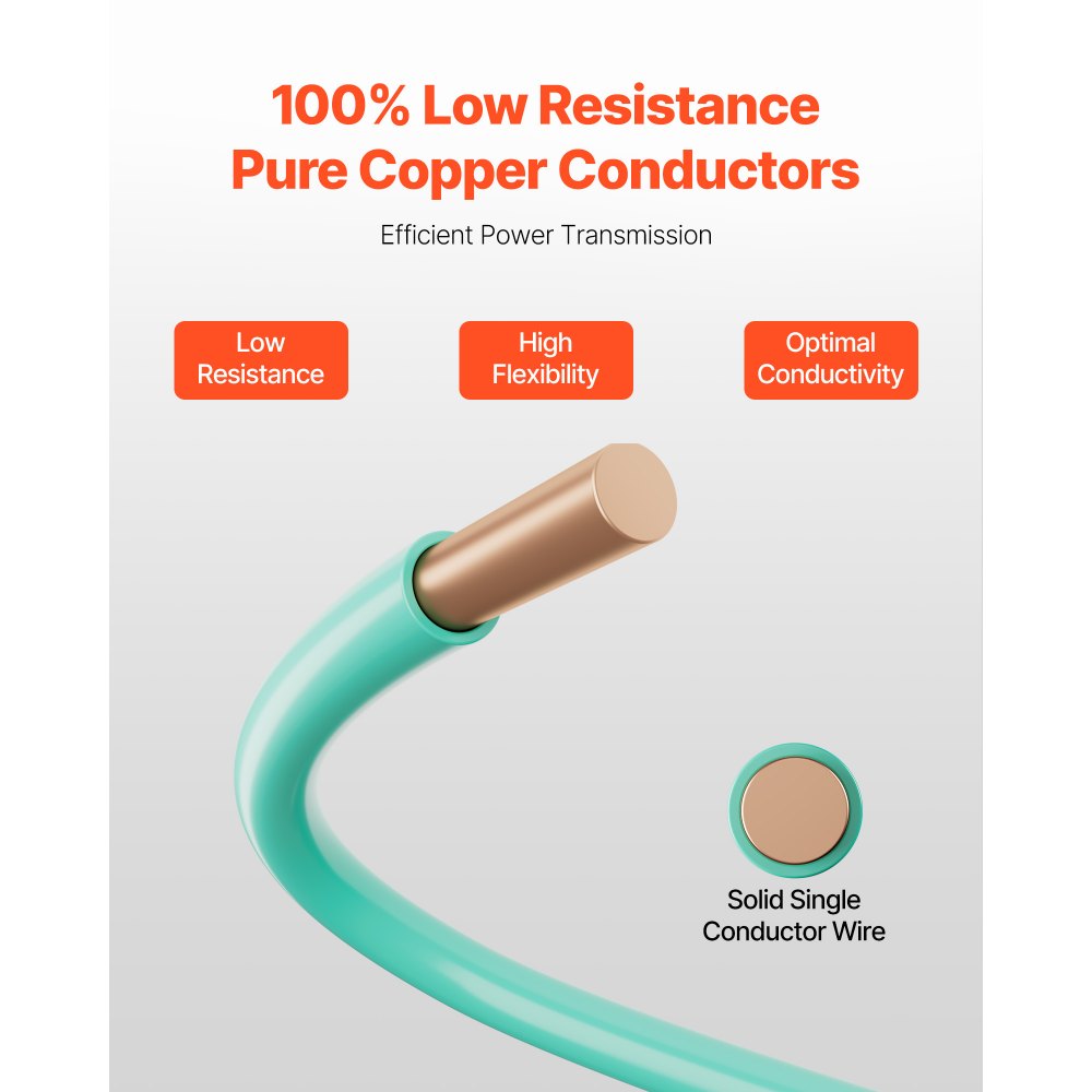 VEVOR 10 AWG Solid THHN Wire, 100% OFC Copper Electrical Building Wire with Nylon Jacket PVC Insulation, Rated for Up to 600 Volts, Heavy-Duty for Residential, Industrial, Commercial, Green (50 Feet)