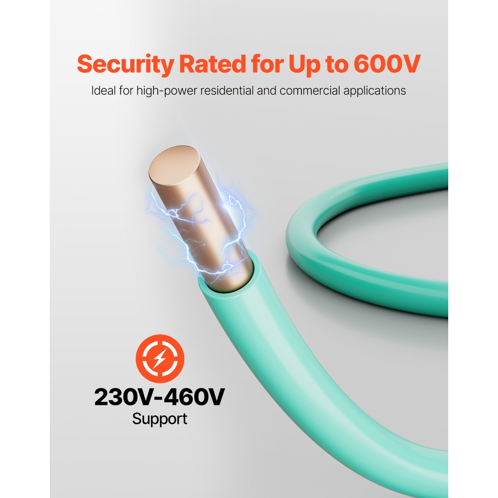 VEVOR 10 AWG Solid THHN Wire, 100% OFC Copper Electrical Building Wire with Nylon Jacket PVC Insulation, Rated for Up to 600 Volts, Heavy-Duty for Residential, Industrial, Commercial, Green (50 Feet)