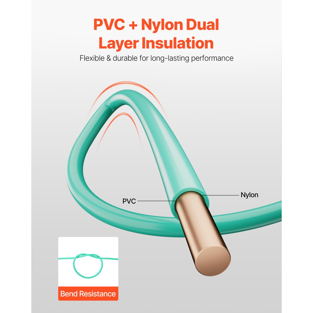 VEVOR 10 AWG Solid THHN Wire, 100% OFC Copper Electrical Building Wire with Nylon Jacket PVC Insulation, Rated for Up to 600 Volts, Heavy-Duty for Residential, Industrial, Commercial, Green (50 Feet)