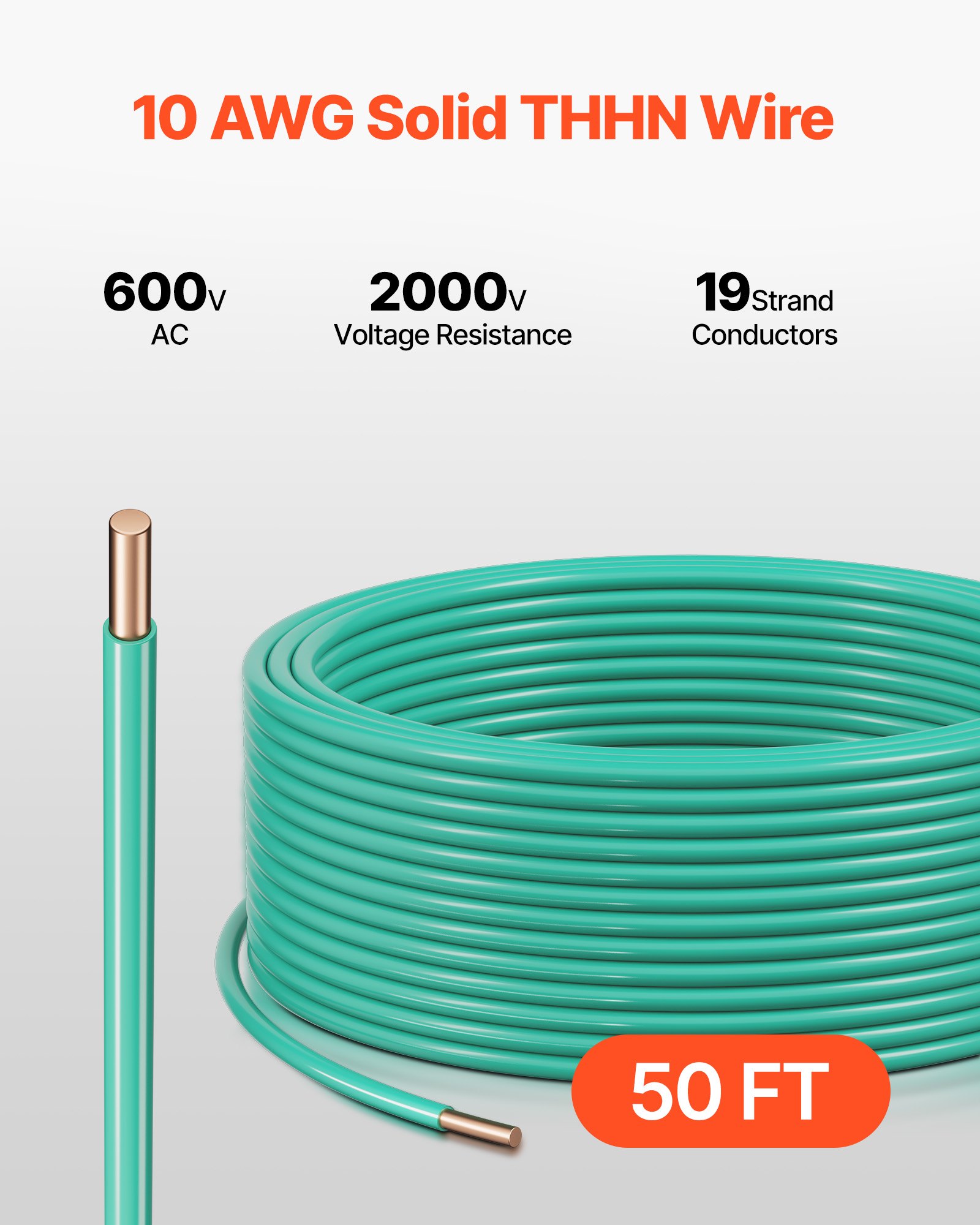 VEVOR 10 AWG Solid THHN Wire, 100% OFC Copper Electrical Building Wire with Nylon Jacket PVC Insulation, Rated for Up to 600 Volts, Heavy-Duty for Residential, Industrial, Commercial, Green (50 Feet)