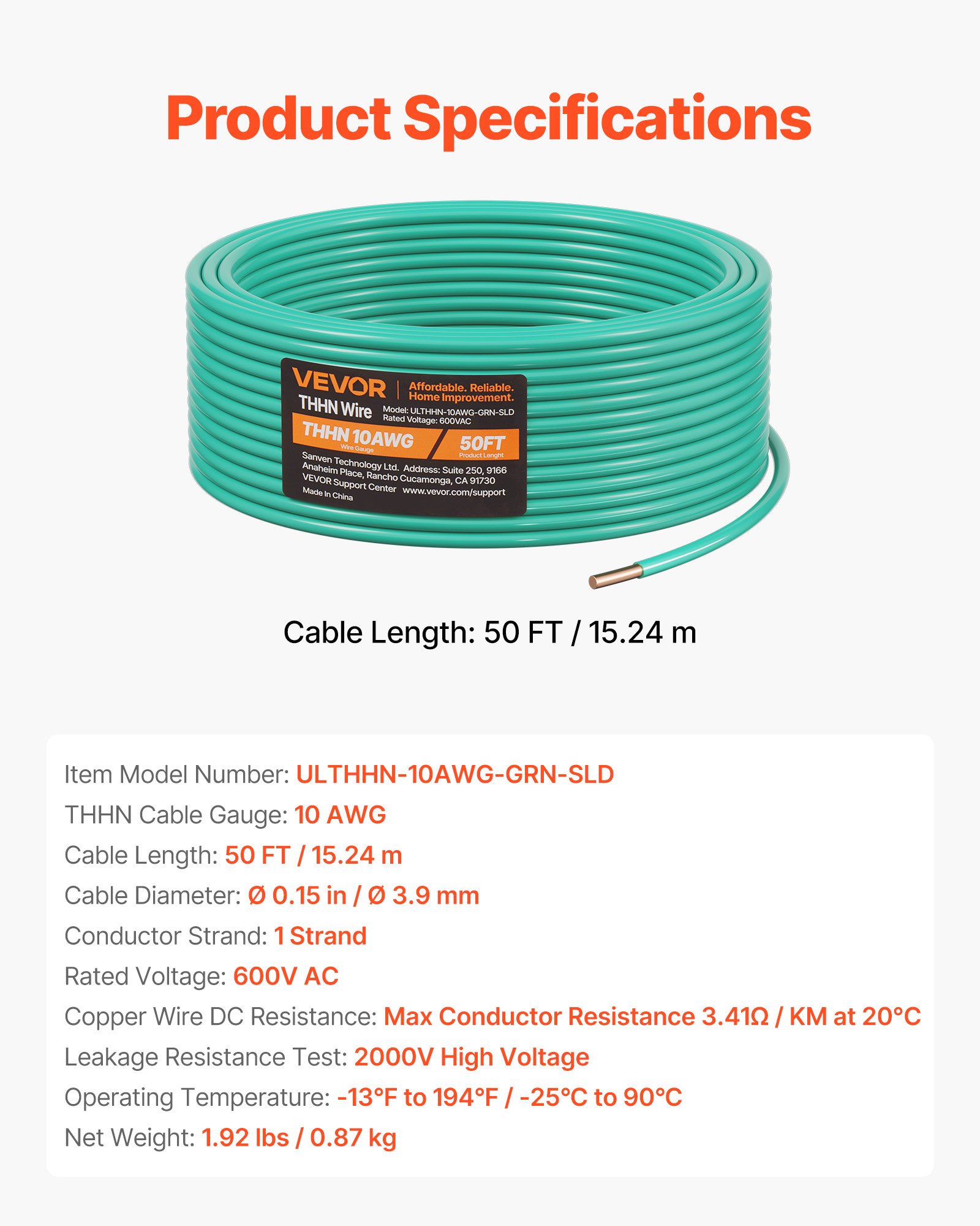 VEVOR 10 AWG Solid THHN Wire, 100% OFC Copper Electrical Building Wire with Nylon Jacket PVC Insulation, Rated for Up to 600 Volts, Heavy-Duty for Residential, Industrial, Commercial, Green (50 Feet)