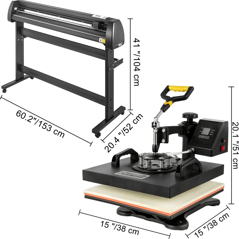 5 in1 Heat Press 15"x15" Vinyl Cutter Plotter 53" USB Port Sticker Print DIY