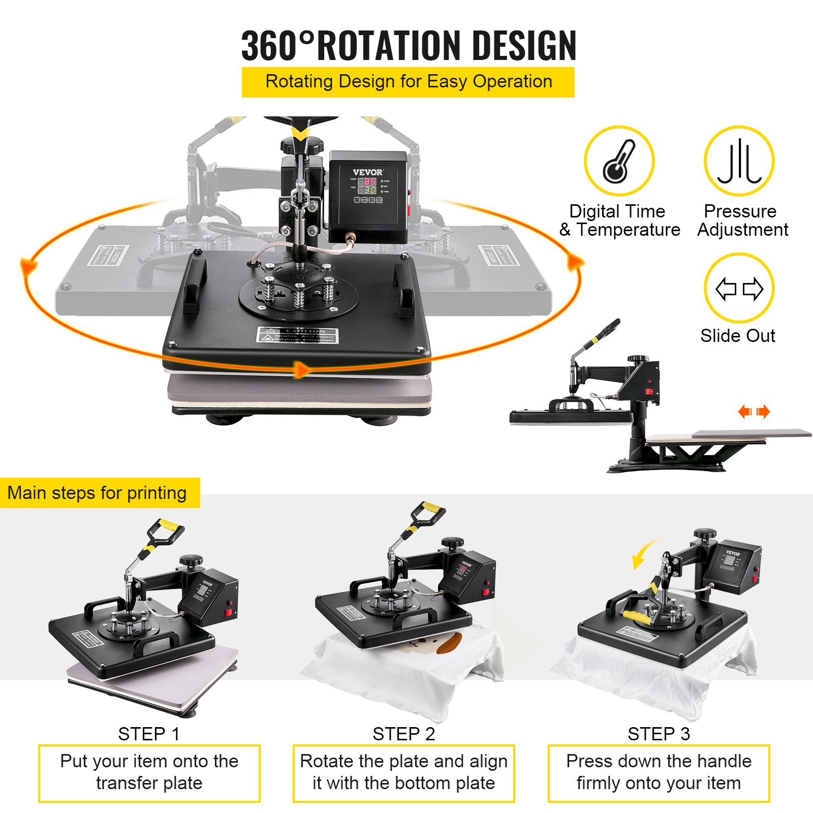 VEVOR Heat Press 8 in 1 Heat Press Machine 38x38cm Heat Transfer Press 15x15Inch T-Shirt Press Mulitifuctional Sublimation Machine for T-Shirt Mug Hat Plate Transfer