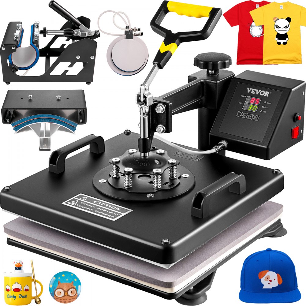 VEVOR heat press machine with accessories and printed items including mugs, hats, and shirts.