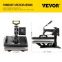 VEVOR heat press machine specifications: size 38x38x51 cm, weight 55.3 lb.