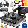 VEVOR heat press machine with accessories and printed items including mugs, hats, and shirts.