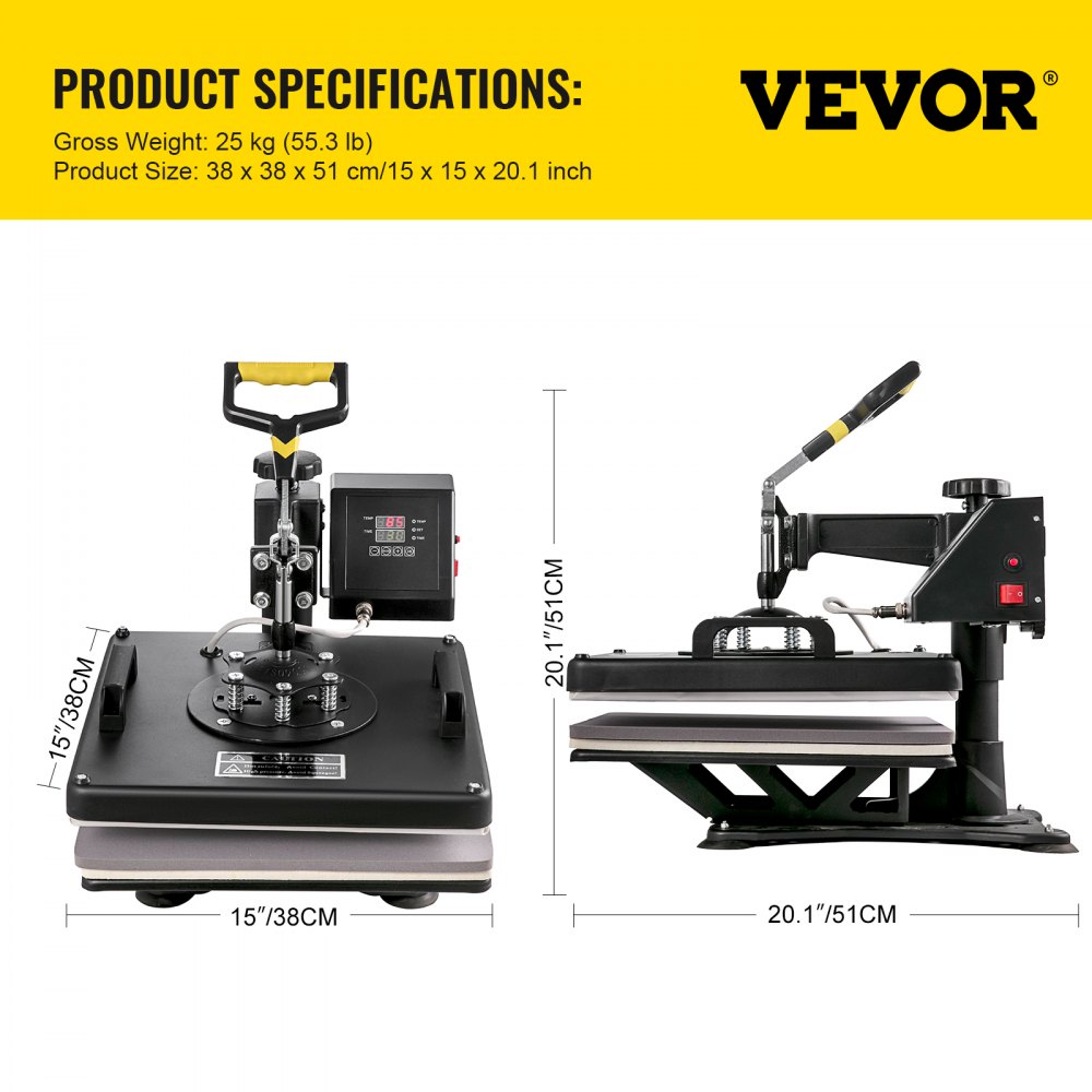 VEVOR Heat Press Machine, 15 x 15 Inch, 5 in 1 Combo Swing Away T-Shirt Sublimation Transfer Printer with Teflon Coated, Mug/Hat/Plate Accessories Included, ETL/FCC Certificated, Black