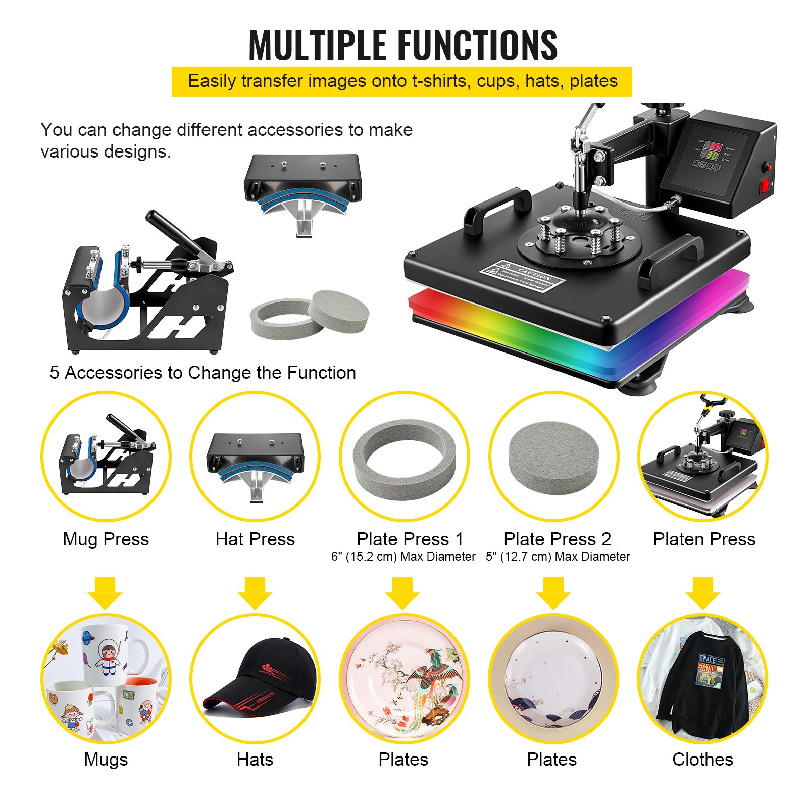 VEVOR Heat Press Machine, 15 x 15 Inch, 5 in 1 Combo Swing Away T-Shirt Sublimation Transfer Printer with Teflon Coated, Mug/Hat/Plate Accessories Included, ETL/FCC Certificated, Black