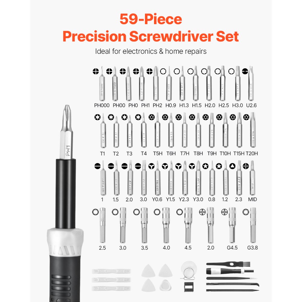 VEVOR Screwdriver Set, 59-Piece Small Precision Screwdriver Set with Phillips, Flat Head, Torx, Pentalobe Bits, Tweezer for Men, Mini Cleaning Repair Tool Kit for iPhone, MacBook, Laptop, Computer