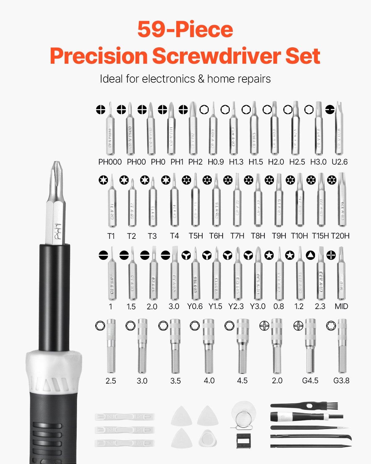 VEVOR Screwdriver Set, 59-Piece Small Precision Screwdriver Set with Phillips, Flat Head, Torx, Pentalobe Bits, Tweezer for Men, Mini Cleaning Repair Tool Kit for iPhone, MacBook, Laptop, Computer
