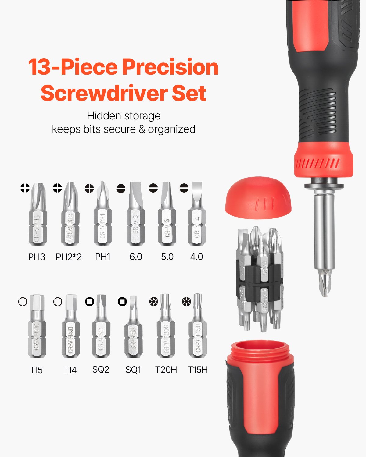 VEVOR Screwdriver Set, 13 in 1 Magnetic Multi Bit Mini Nut Driver Set, Phillips, Flat Head, Torx, Square Bits for Men, Manual Precision Repair Tool Kit for Sockets, Furniture, Home Appliances, Cars