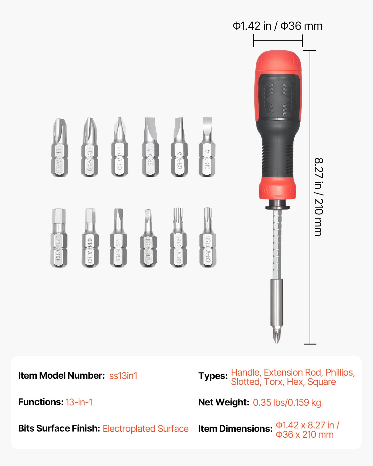 VEVOR Screwdriver Set, 13 in 1 Magnetic Multi Bit Mini Nut Driver Set, Phillips, Flat Head, Torx, Square Bits for Men, Manual Precision Repair Tool Kit for Sockets, Furniture, Home Appliances, Cars