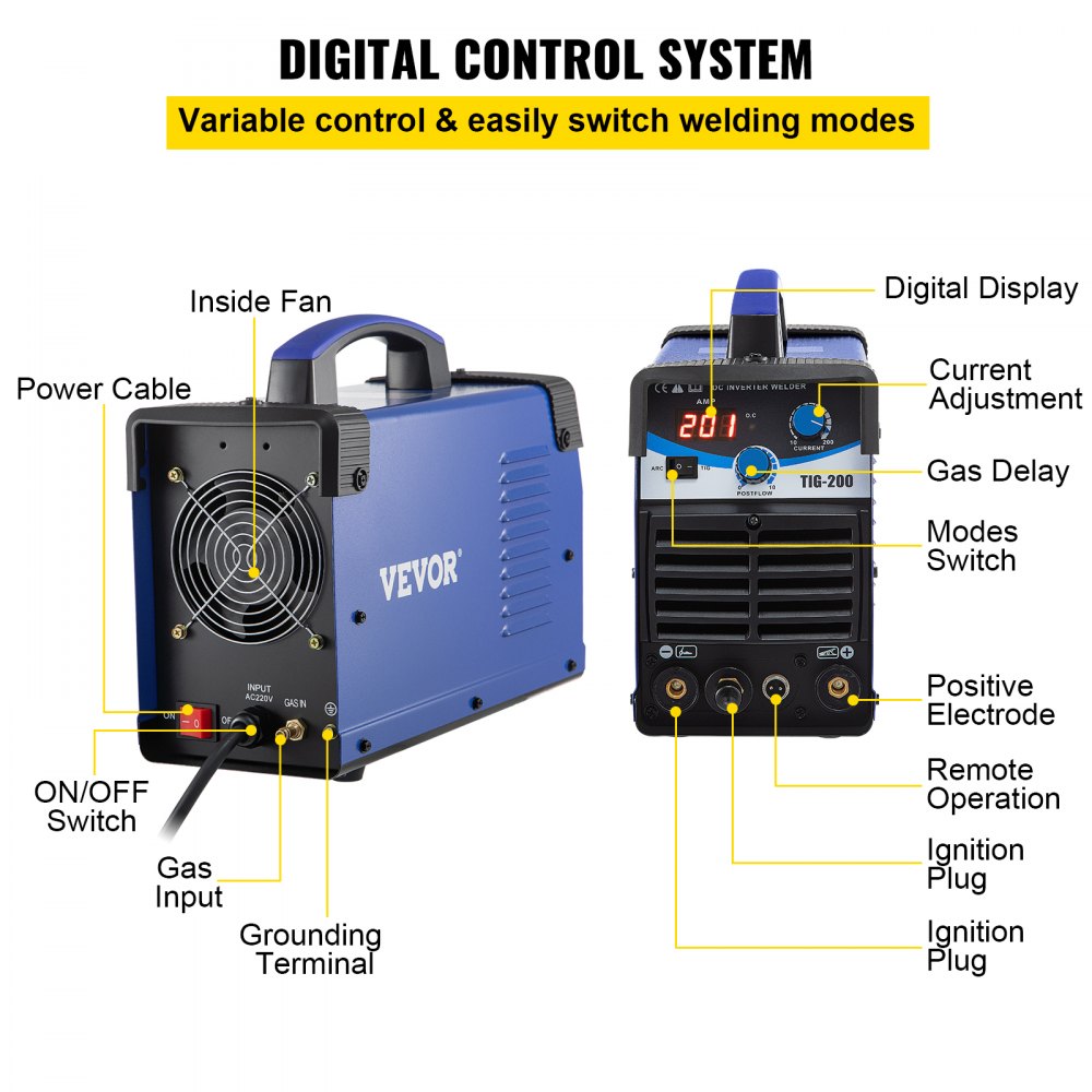 VEVOR TIG-200C, 200 Amp TIG/MMA ARC 2-in-1 Welder HF IGBT DC Inverter Welding Machine for Welding Steel, Titanium and Copper Alloys