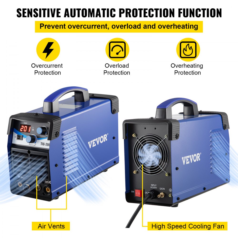VEVOR TIG-200C, 200 Amp TIG/MMA ARC 2-in-1 Welder HF IGBT DC Inverter Welding Machine for Welding Steel, Titanium and Copper Alloys
