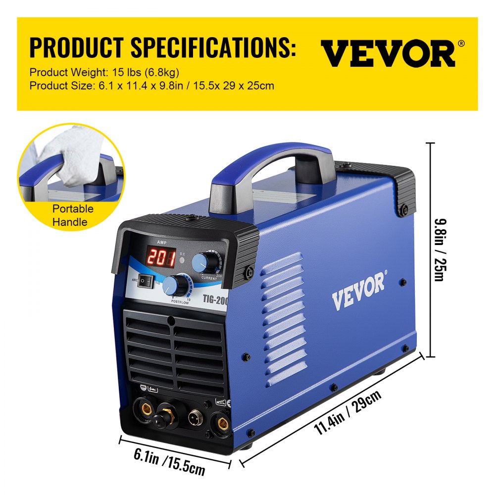 VEVOR TIG-200C, 200 Amp TIG/MMA ARC 2-in-1 Welder HF IGBT DC Inverter Welding Machine for Welding Steel, Titanium and Copper Alloys