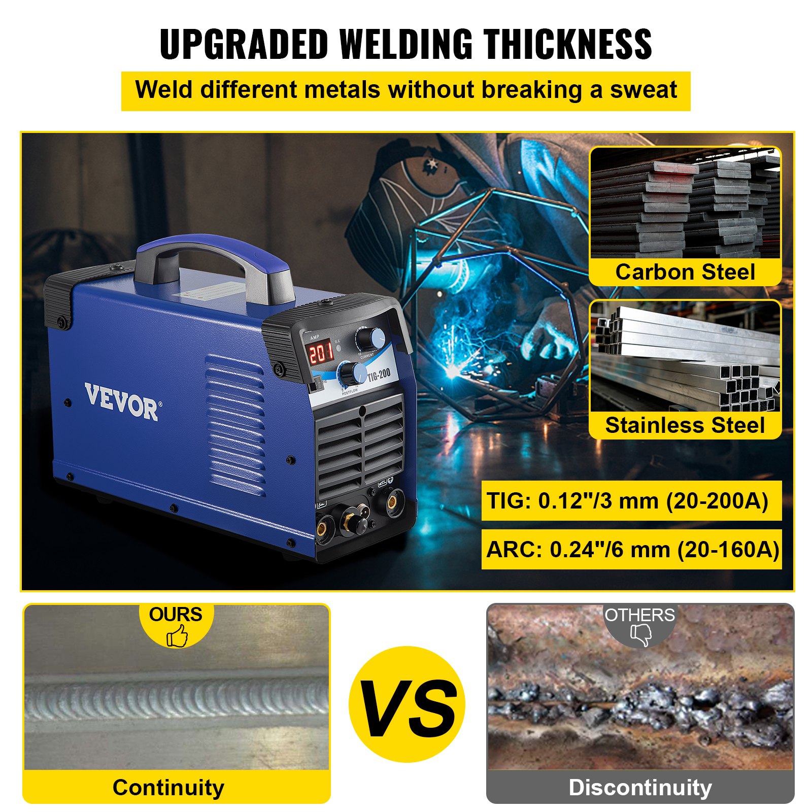 VEVOR TIG-200C, 200 Amp TIG/MMA ARC 2-in-1 Welder HF IGBT DC Inverter Welding Machine for Welding Steel, Titanium and Copper Alloys