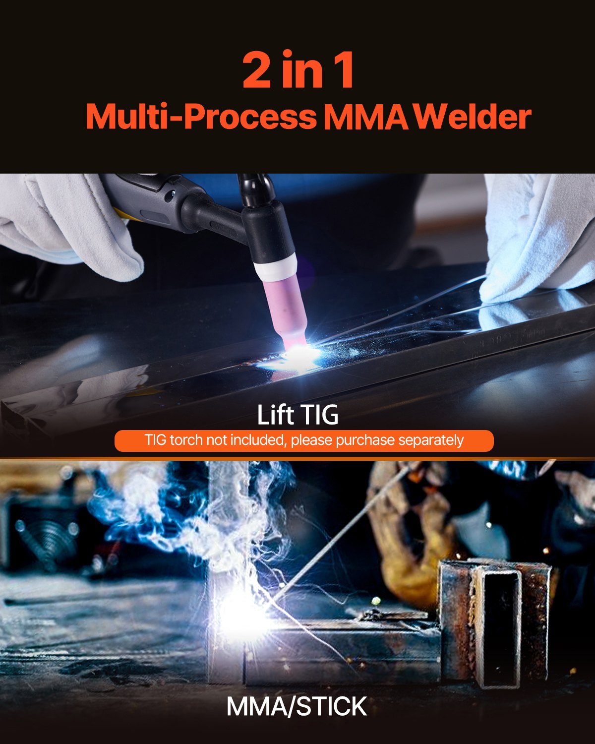 VEVOR MMA Welder, 205A 2-in-1 MMA Lift TIG Stick Welding Machine, IGBT Inverter Portable Welder Machine with Digital Display, Hot Start Arc Force Anti-Stick (Lift Torch Not Included)