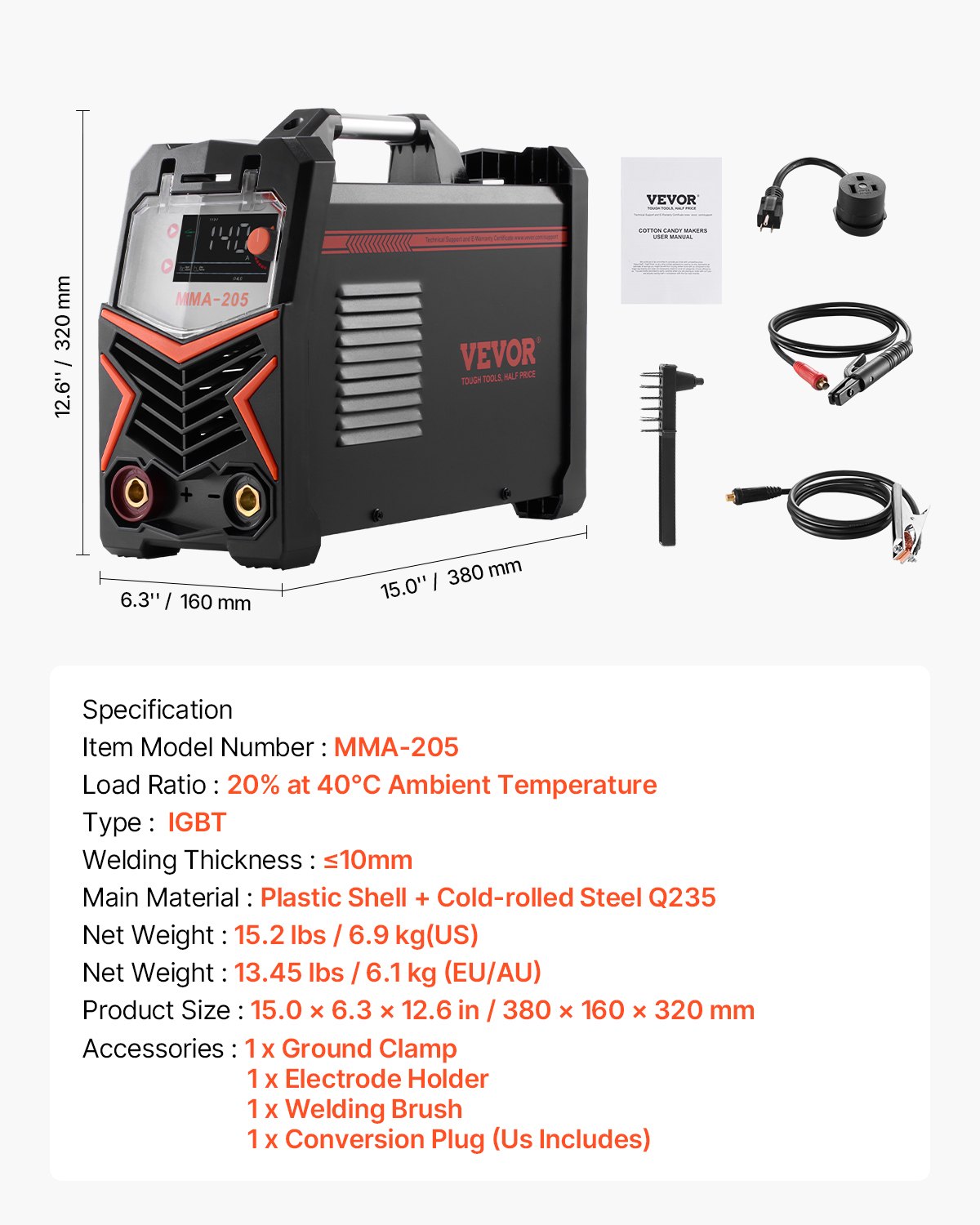 VEVOR MMA Welder, 205A 2-in-1 MMA Lift TIG Stick Welding Machine, IGBT Inverter Portable Welder Machine with Digital Display, Hot Start Arc Force Anti-Stick (Lift Torch Not Included)