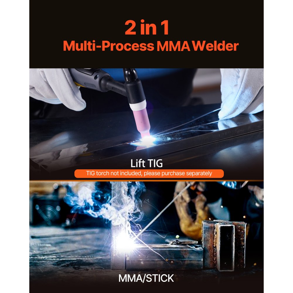 VEVOR MMA Welder, 205A 2-in-1 MMA Lift TIG Stick Welding Machine, 110/220V Dual Voltage IGBT Inverter Welder Machine with Digital Display, Hot Start Arc Force Anti-Stick (Lift Torch Not Included)