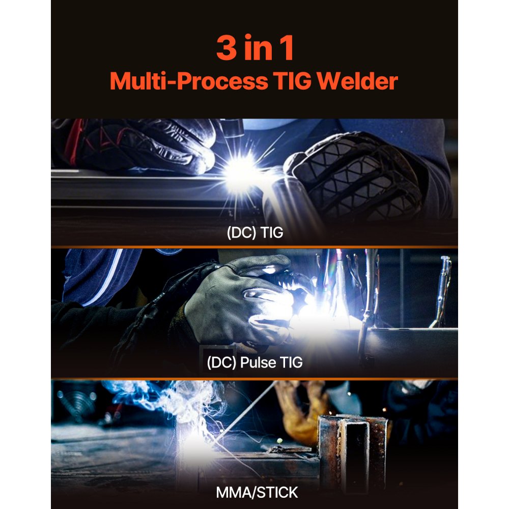 VEVOR TIG Welder, 205A 3-In-1 Welding Machine (Large LED Display)- DC TIG/DC Pulse TIG/MMA(Stick), Electric Welder with IGBT Inverter High-Frequency Start