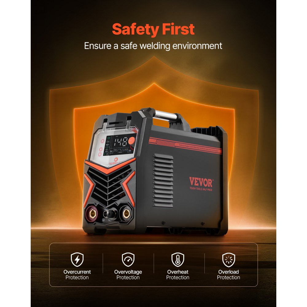 VEVOR TIG Welder, 205A 3-In-1 Welding Machine (Large LED Display)- DC TIG/DC Pulse TIG/MMA(Stick), Electric Welder with IGBT Inverter High-Frequency Start