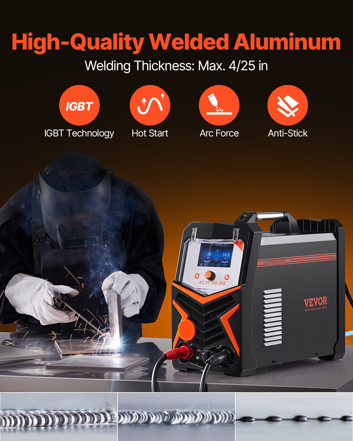 VEVOR TIG Welder, 225A 6-In-1 Aluminum Welding Machine (Large LED Display)- AC TIG/DC TIG/AC Pulse TIG/DC Pulse TIG/Spot TIG/MMA(Stick), Electric Welder with IGBT Inverter