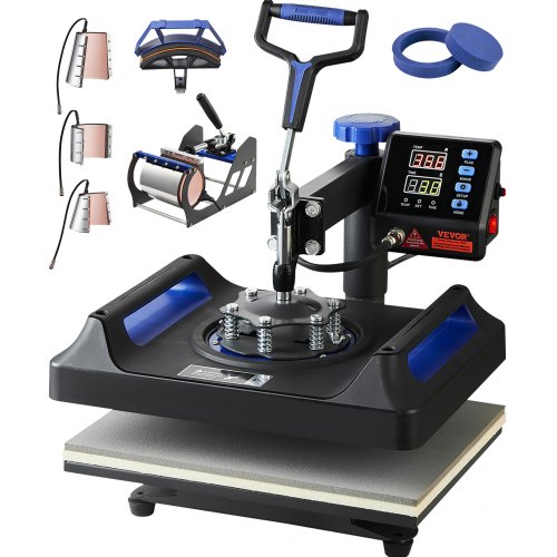 Máquina de prensado térmico VEVOR de 12 x 15 pulgadas, 8 en 1, para sublimación, con rotación de 360° y función de giro. Máquina de impresión de camisetas 8 en 1 con calentamiento de doble tubo para camisetas, gorras y tazas DIY. Color azul.