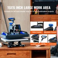 VEVOR Heat Press Machine 15 x 15 Inch 8 in 1 Heat Press 800W Sublimation Machine 360° Rotation Swing Away 8 in 1 Shirt Printing Machine Dual-Tube Heating for DIY T-Shirts Cap & Mugs Blue