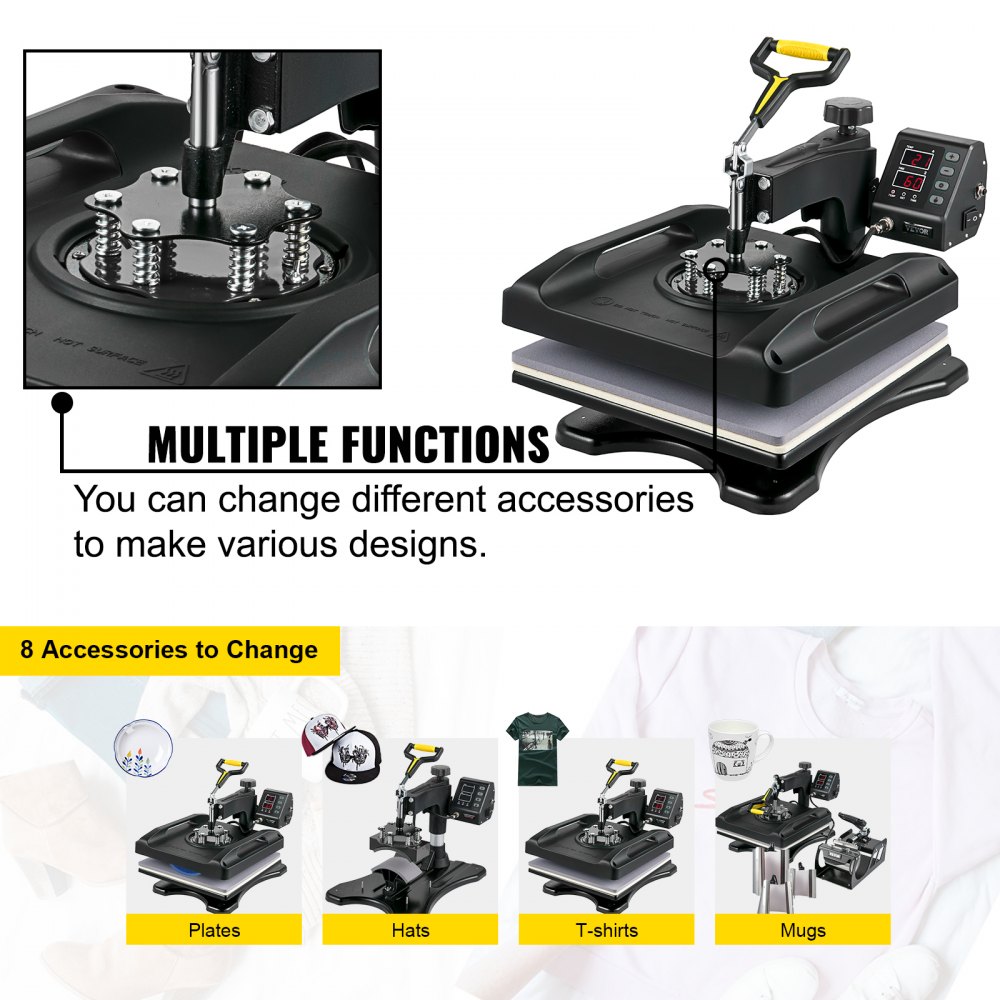 VEVOR Heat Press Machine 38.1x38.1 cm 8 In 1 Heat Press 1000W Sublimation Machine 360° Rotation Swing Away Heat Press 8 In 1 Shirt Printing Machine Dual-Tube Heating for DIY T-Shirts Cap Mugs (Black)