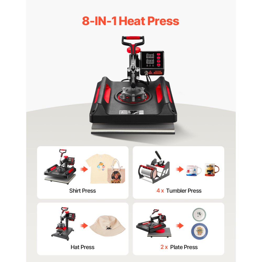 VEVOR Heat Press Machine 8 in 1 Combo, Heat Press 15x15, Swing Away T Shirt Printing Machine Digital Control, Multifunction Heat Transfer Machine Sublimation Heat Press for T-Shirt Hat Cap Mug Plate