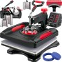 VEVOR heat press machine with digital display, adjustable handle, and multiple attachments.