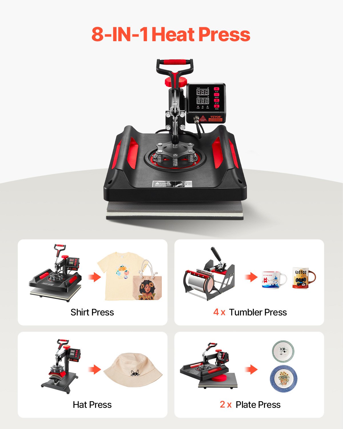 VEVOR Heat Press Machine 8 in 1 Combo, Heat Press 15x15, Swing Away T Shirt Printing Machine Digital Control, Multifunction Heat Transfer Machine Sublimation Heat Press for T-Shirt Hat Cap Mug Plate