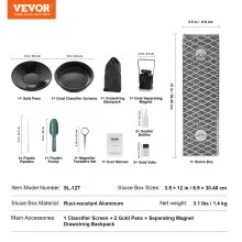 VEVOR Gold Panning Kit With Mini Sluice Box, 12" Aluminum Gold Mining Equipment, 16 PCS Gold Prospecting Kit with Gold Pan, Classifier Screen, Separating Magnet, Drawstring Backpack and Accessories