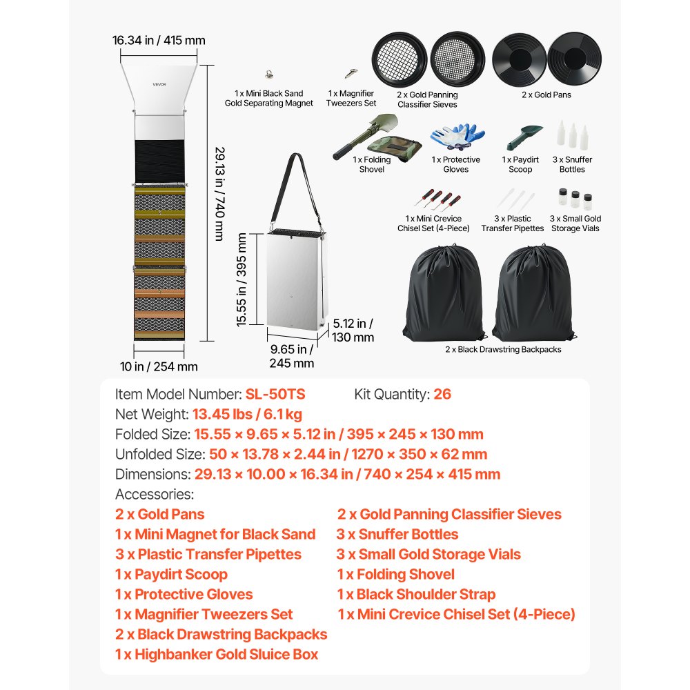VEVOR Highbanker Gold Panning Kit, 1270 mm 3-in-1 Folding High Banker Gold Sluice Box, 26 PCS Portable Mining Equipment Prospecting Kit with Gold Pans, Classifier Screen, Magnet, Backpack, Accessories
