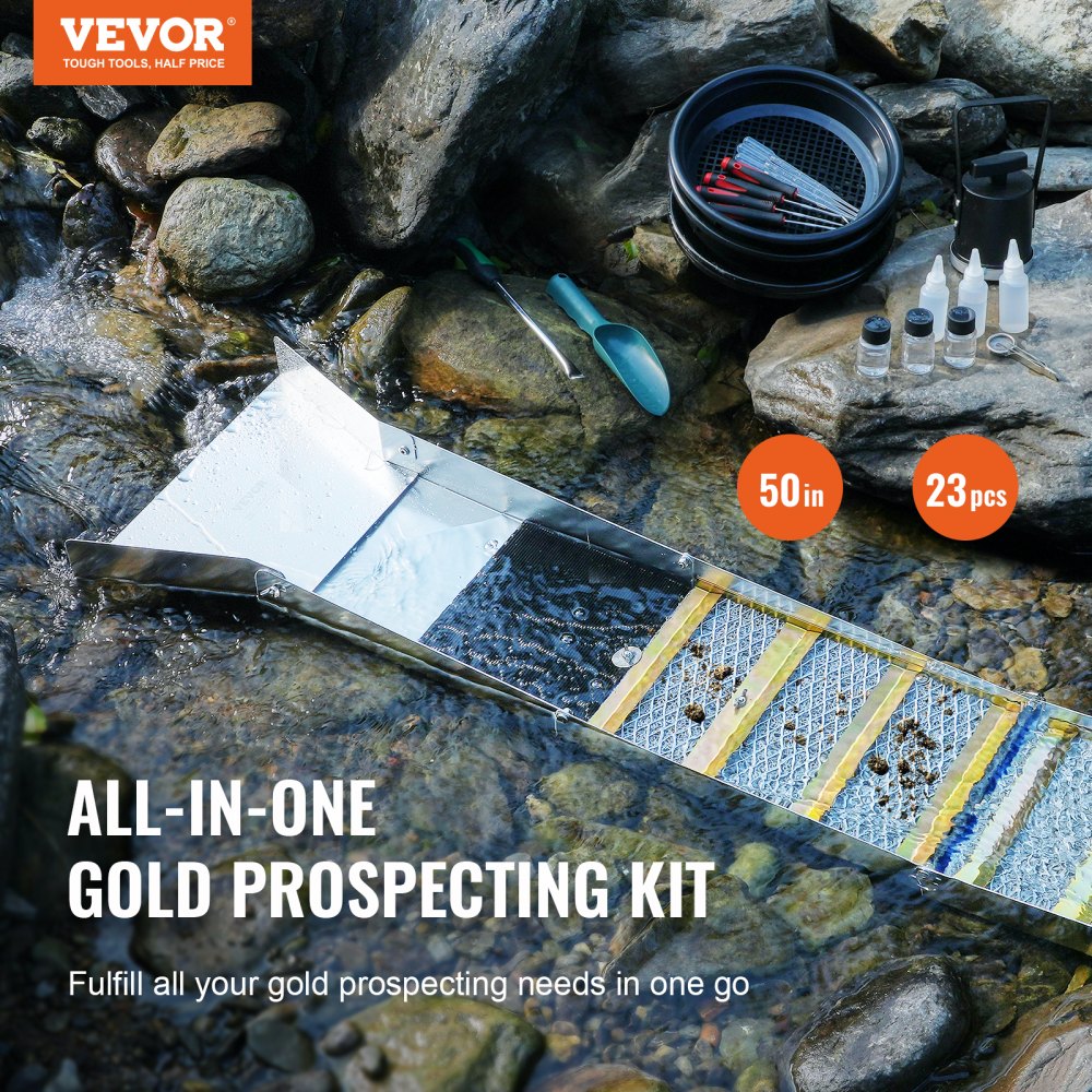 50 Inch Folding Sluice Box Gold Panning Kit, 23pc Gold Prospecting Equipment Kit with Gold Pan, Classifier Screen, Separating Magnet, Backpack and More 50 Inch Folding Sluice Box Gold Panning Kit, 23pc Gold Prospecting Equipment Kit with Gold Pan, Classifier Screen, Separating Magnet, Backpack and More