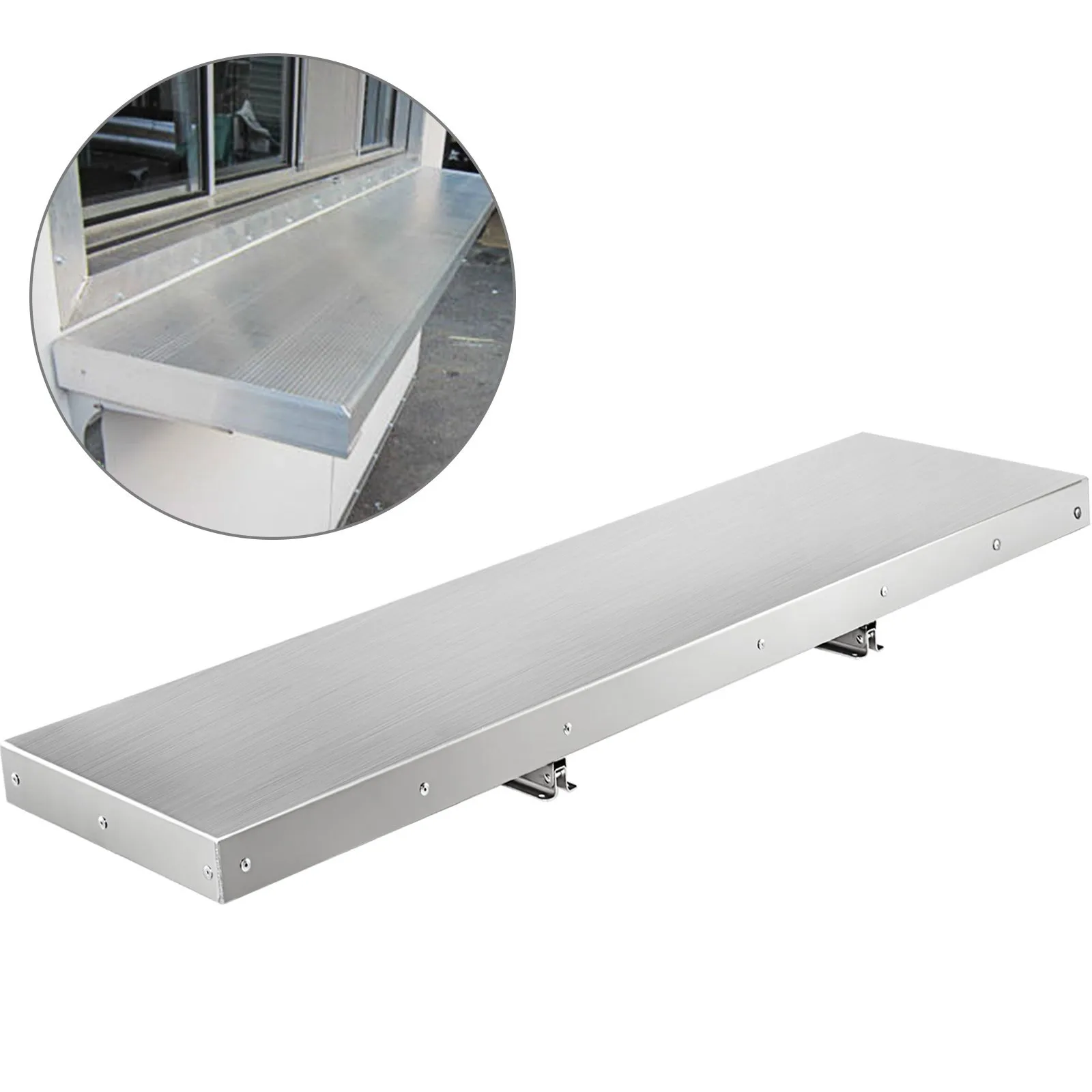 VEVOR concession shelf in stainless steel, attached to a window frame.