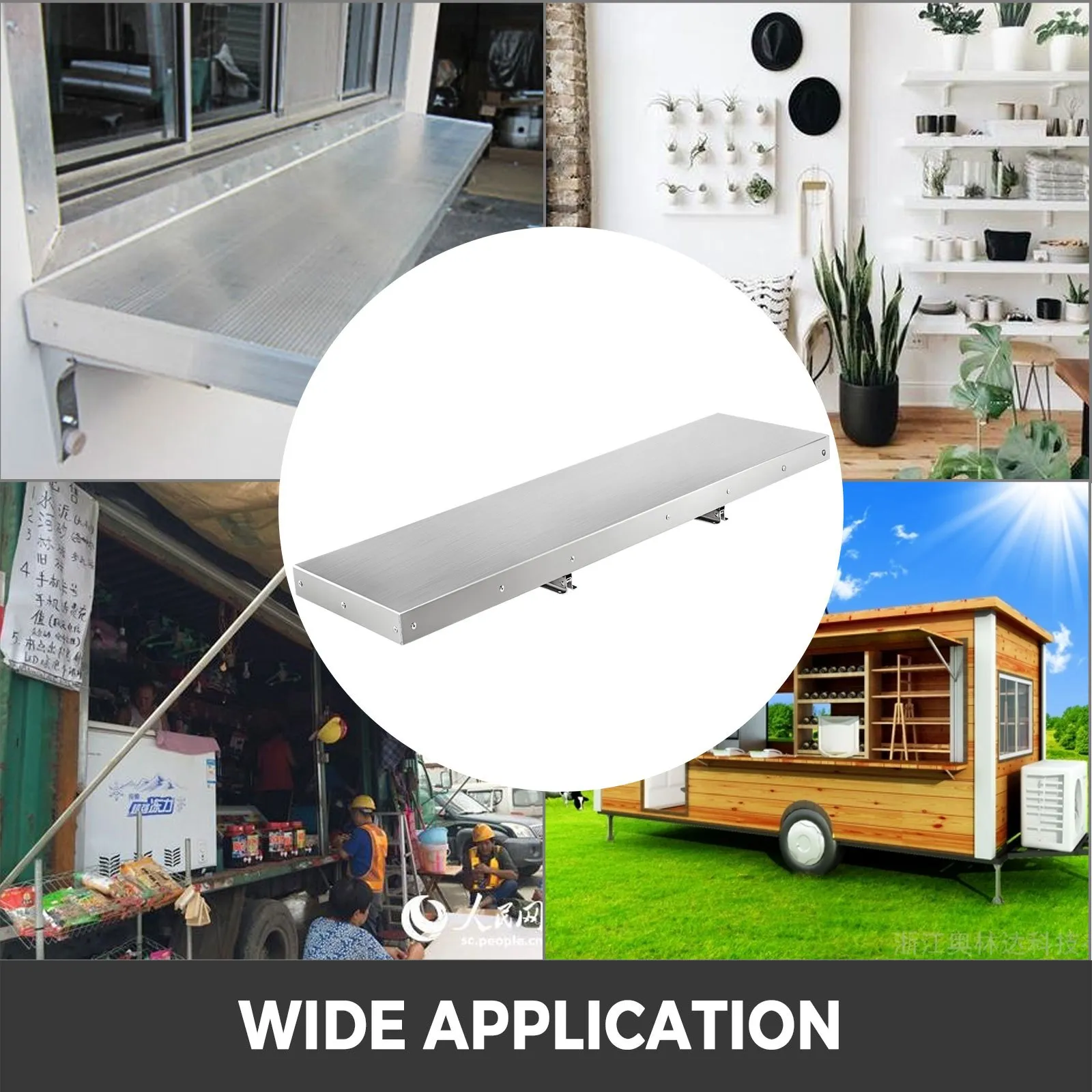 VEVOR concession shelf in various applications: food truck, home, shop, and outdoor.