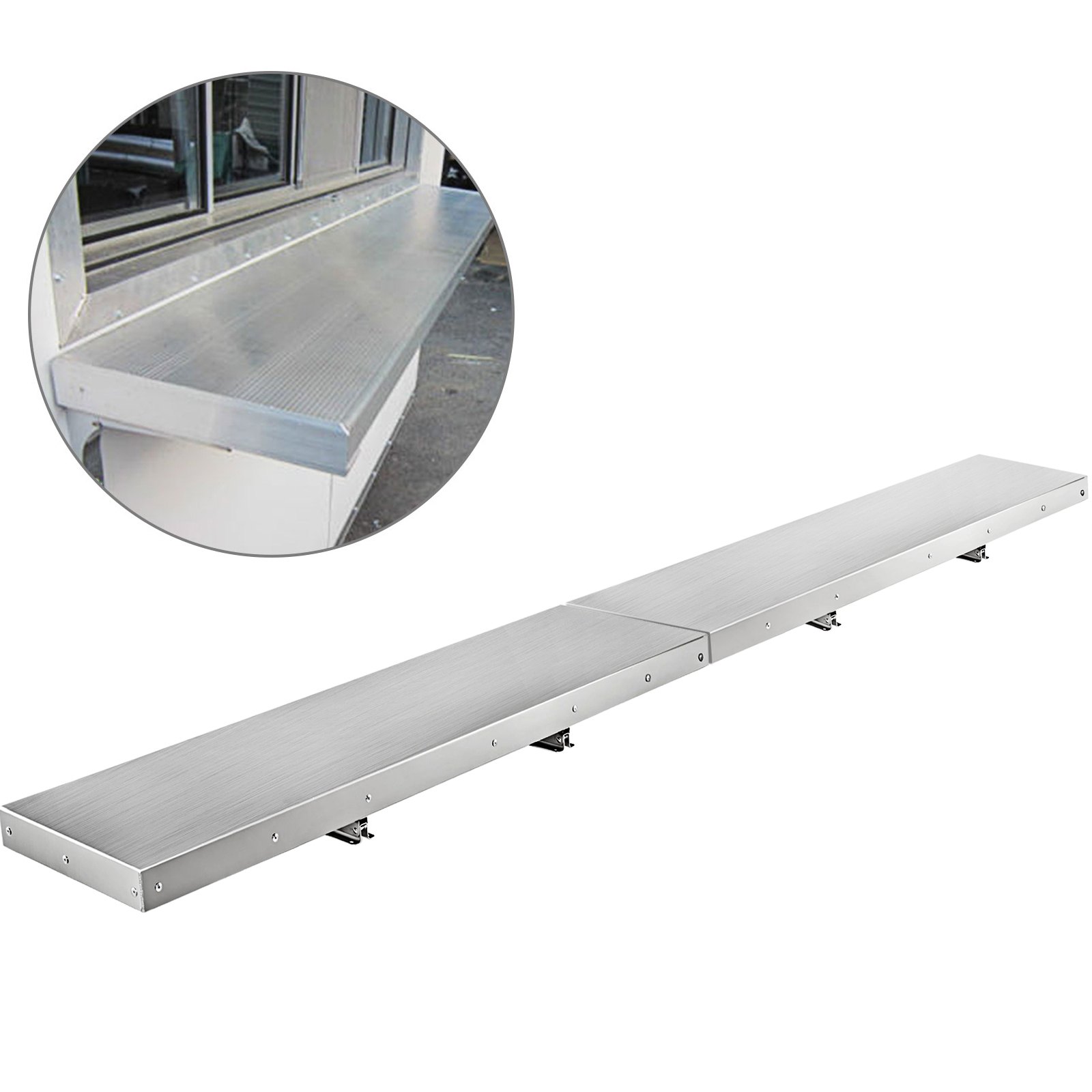 VEVOR concession shelf in stainless steel with mounting brackets and inset image close-up.