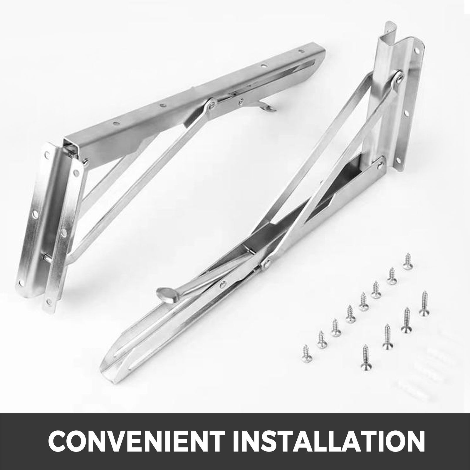 VEVOR concession shelf installation brackets and screws on a white background.