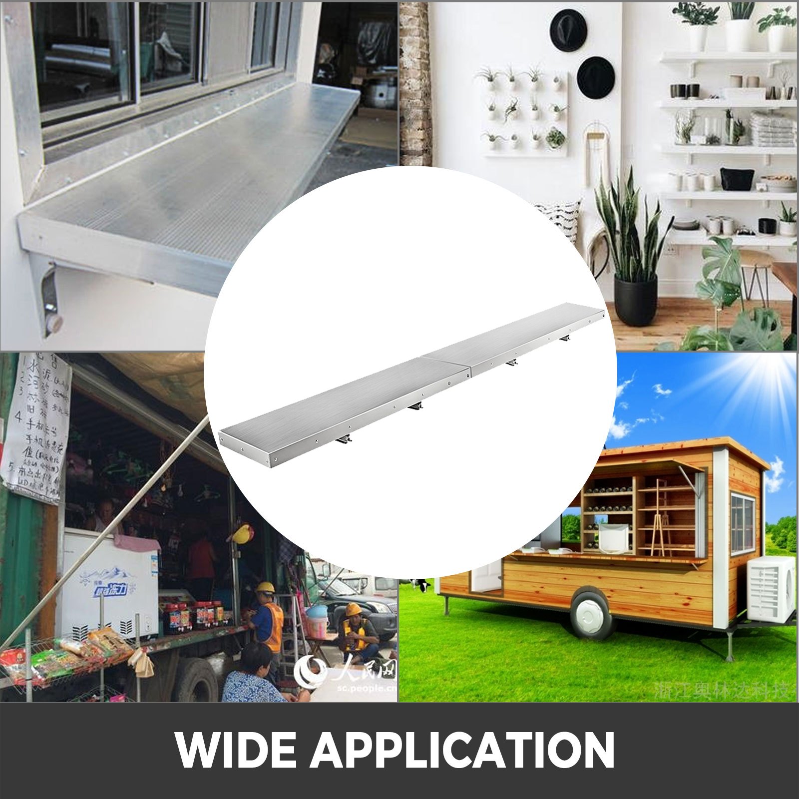 VEVOR concession shelf for food trucks, home decor, and retail displays, versatile use.