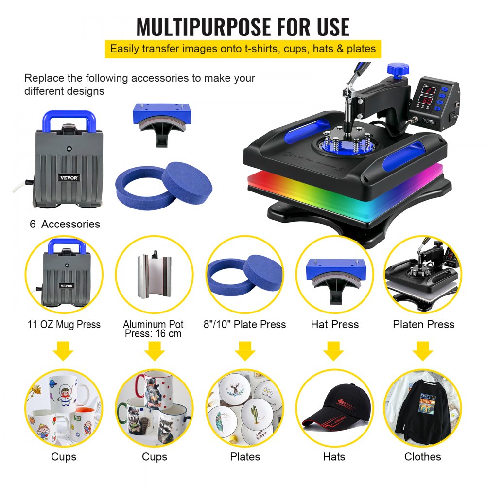 VEVOR Heat Press Machine 15x15 Inch 6 In 1 Multifunctional DIY Plates Mugs Caps