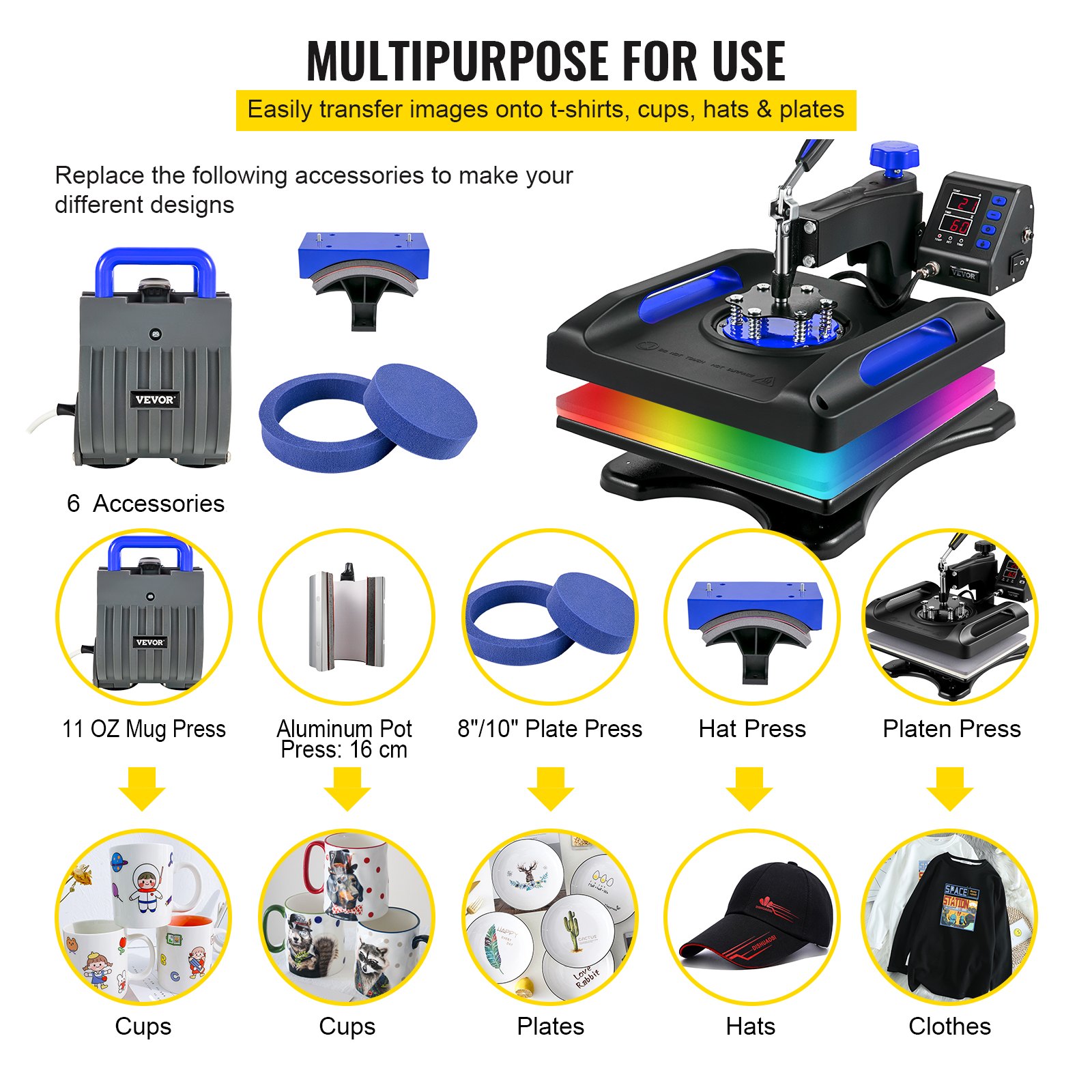VEVOR Heat Press Machine 15x15 Inch 6 In 1 Multifunctional DIY Plates Mugs Caps