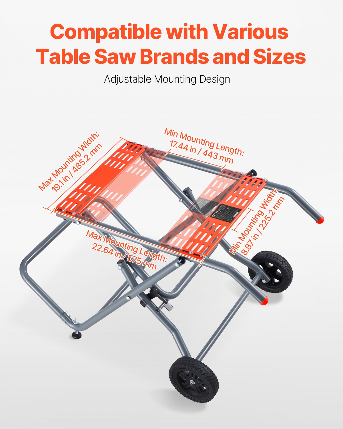 VEVOR Portable Table Saw Stand, 350 lbs Load Capacity, Rolling Foldable Table Saw Table with 8 Inches Rubber Wheels, Heavy Duty Construction, Easy Storage, Universal for Most Brands of Table Saws
