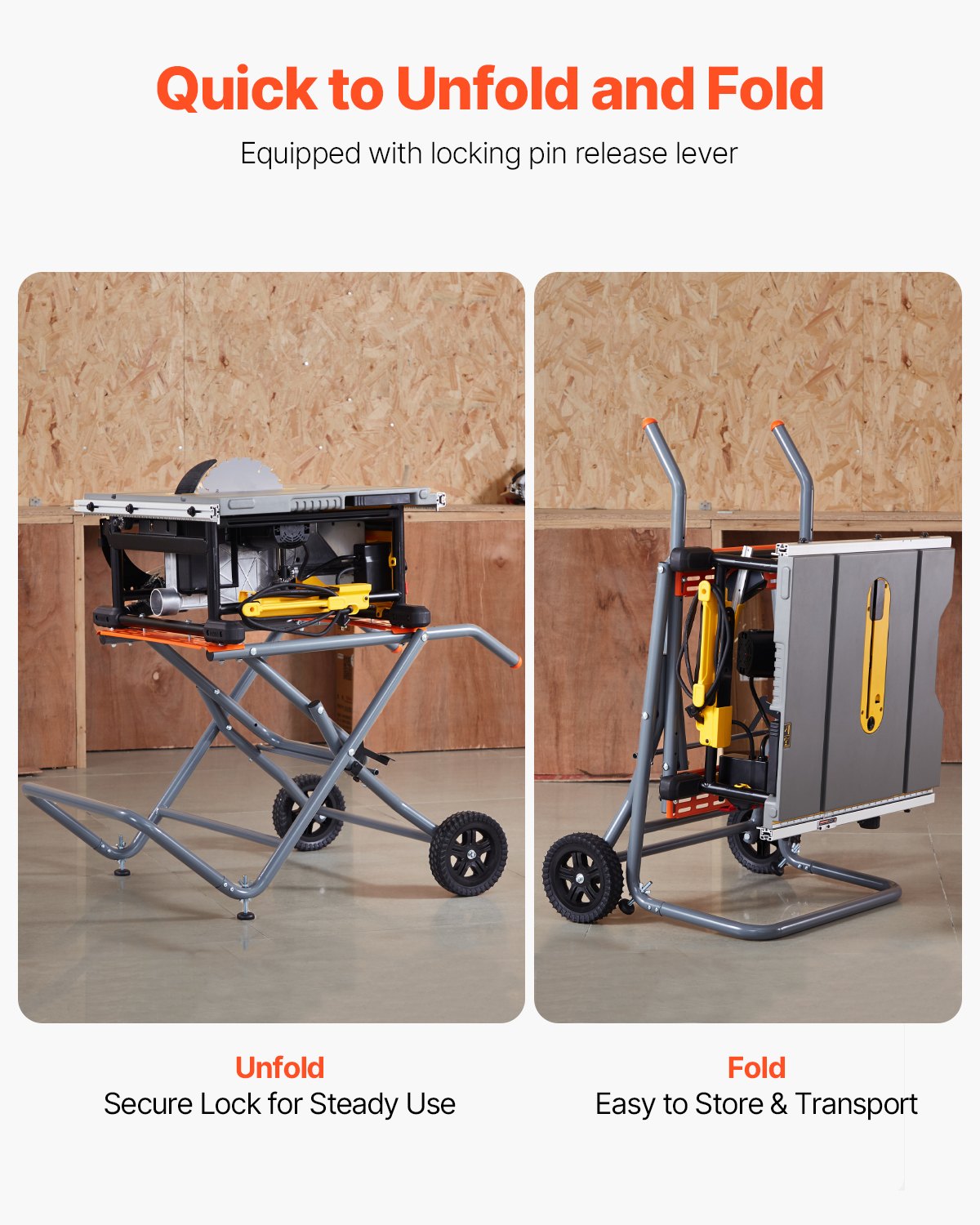 VEVOR Portable Table Saw Stand, 350 lbs Load Capacity, Rolling Foldable Table Saw Table with 8 Inches Rubber Wheels, Heavy Duty Construction, Easy Storage, Universal for Most Brands of Table Saws