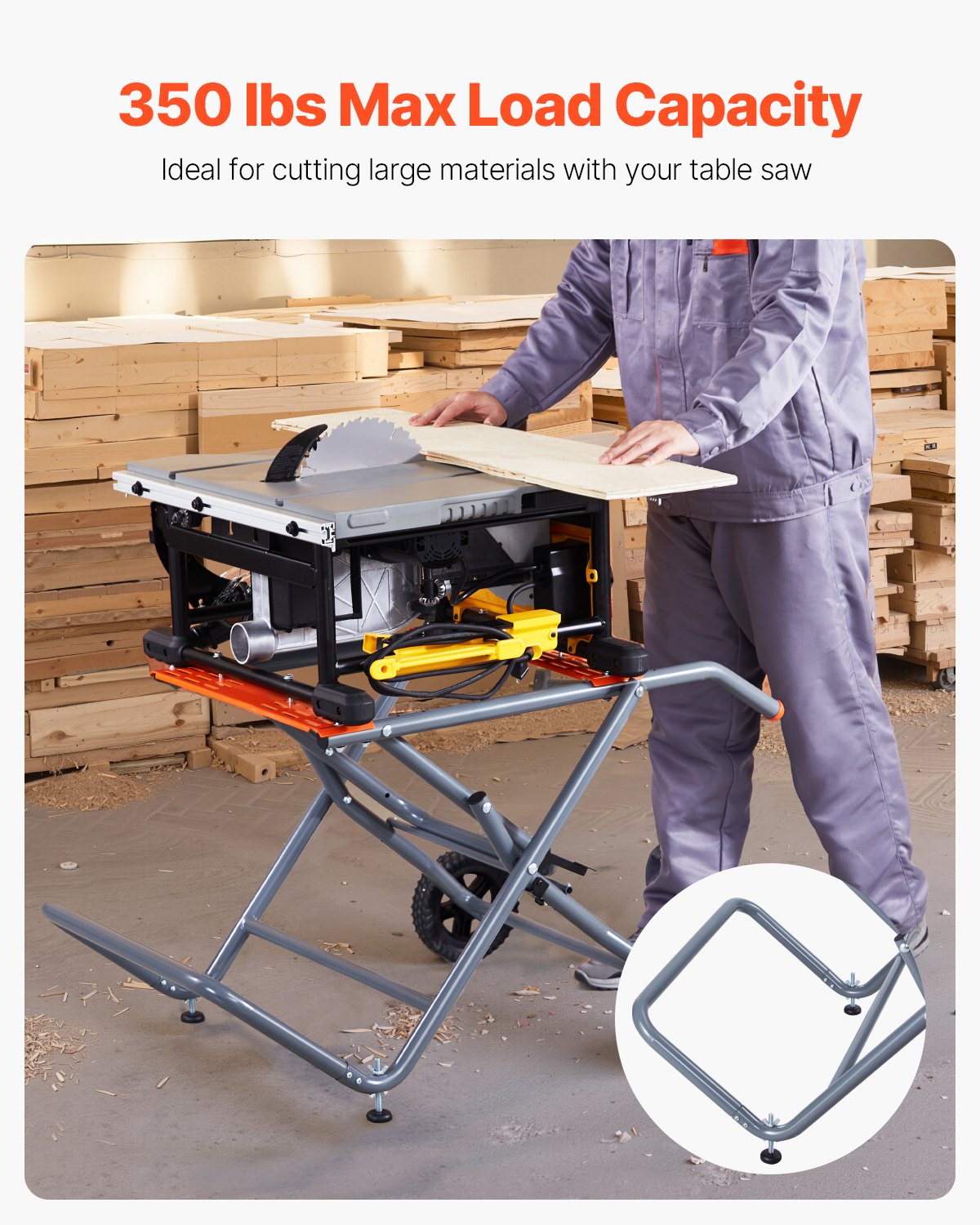 VEVOR Portable Table Saw Stand, 350 lbs Load Capacity, Rolling Foldable Table Saw Table with 8 Inches Rubber Wheels, Heavy Duty Construction, Easy Storage, Universal for Most Brands of Table Saws