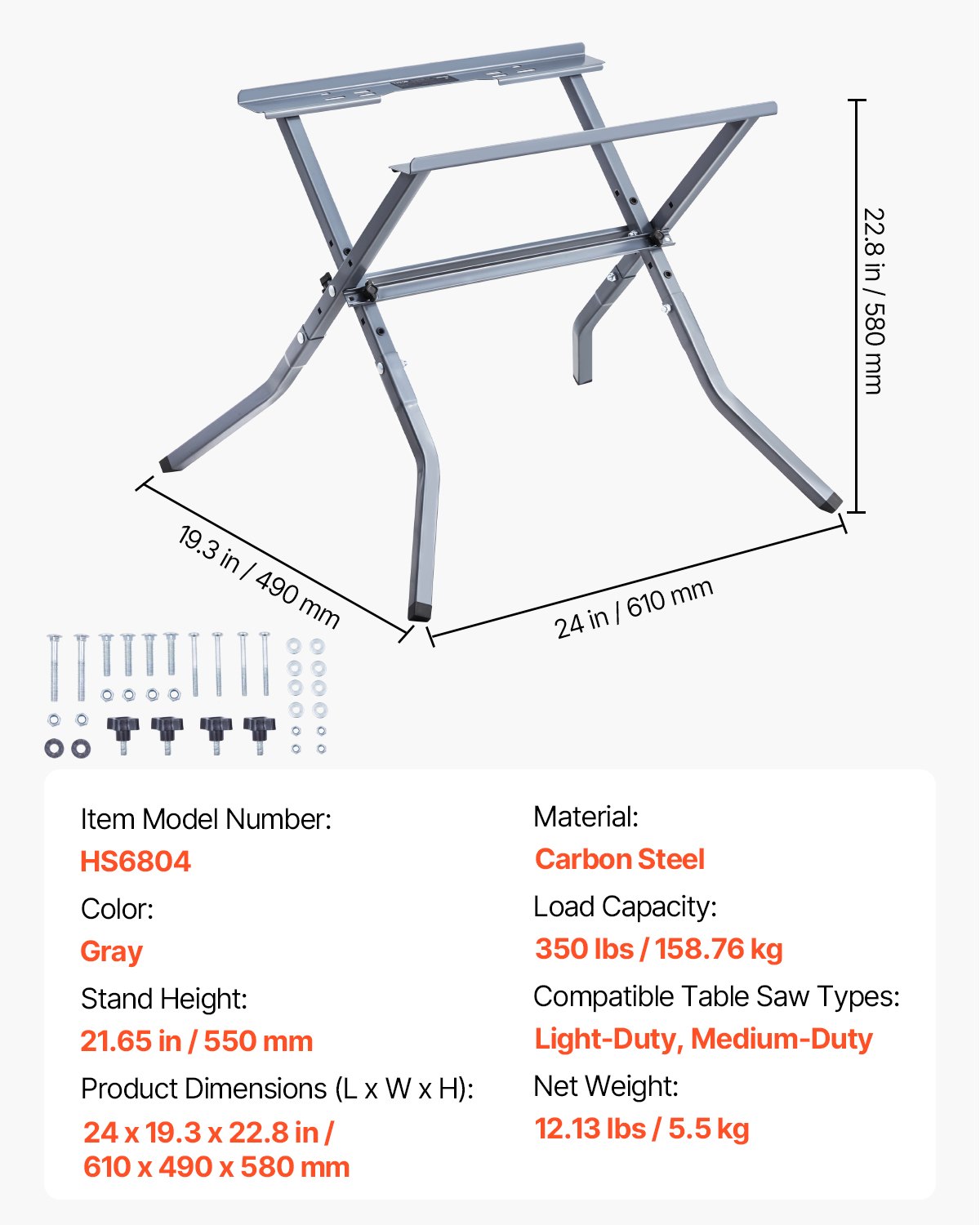 VEVOR Table Saw Folding Stand, 350 lbs / 158.76 kg Load Capacity, Portable Compact Table Saw Stand, Heavy Duty Construction, Easy Storage, Foldable Design, Universal for Most Brands of Table Saws