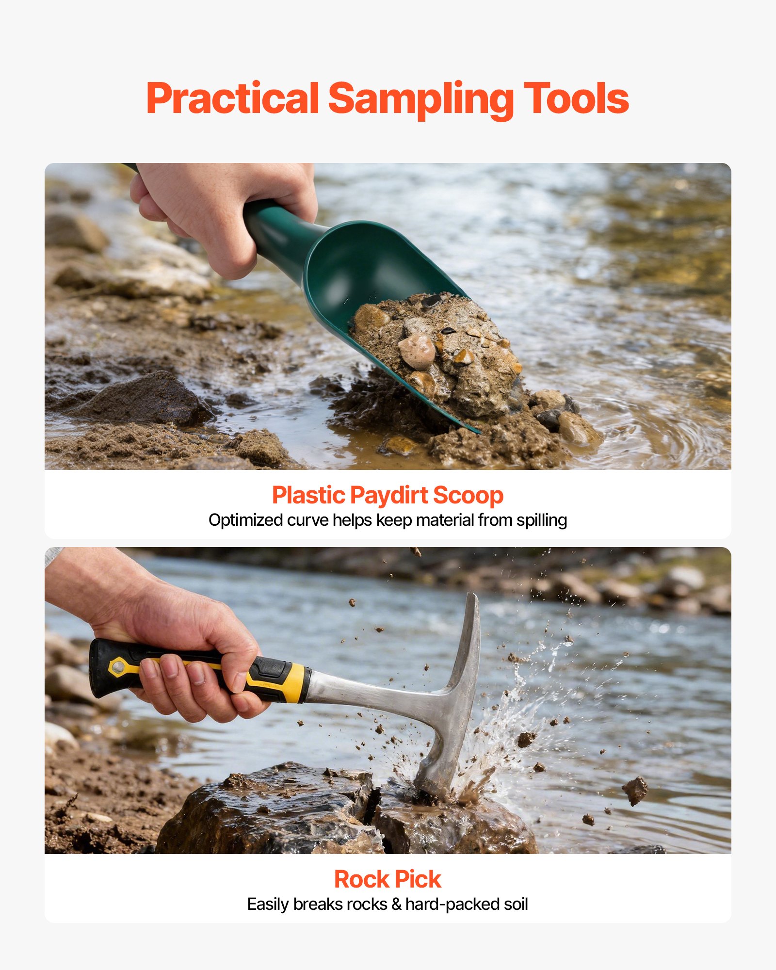 VEVOR Gold Panning Kit, 254 mm and 355 mm Pans, 19 PCS Portable Prospecting Equipment Kit with Classifier Sieves, Sand Magnet, Rock Pick, Scoops, Backpack, and Accessories, for Outdoor Gold Recovery